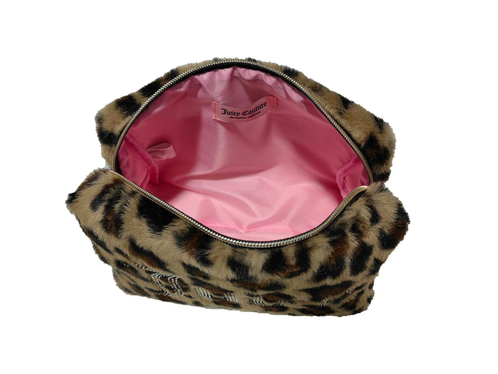 Juicy Couture zip-top makeup bag in leopard print for secure travel storage.