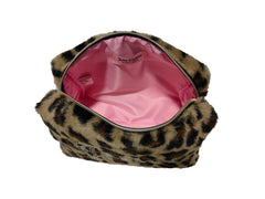 Juicy Couture zip-top makeup bag in leopard print for secure travel storage.