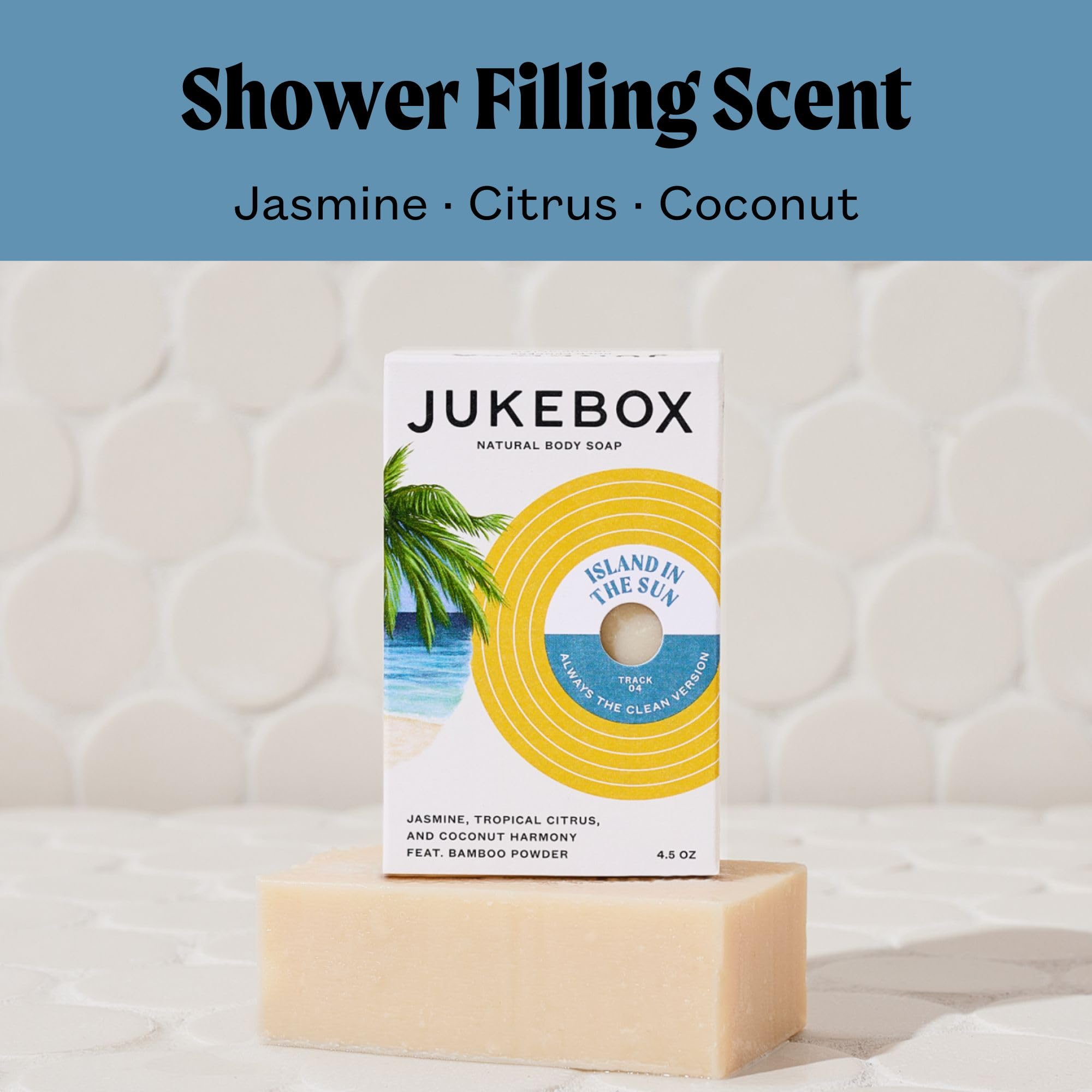 JUKEBOX Island in the Sun soap bar on shelf promotes refreshing bath-time ritual