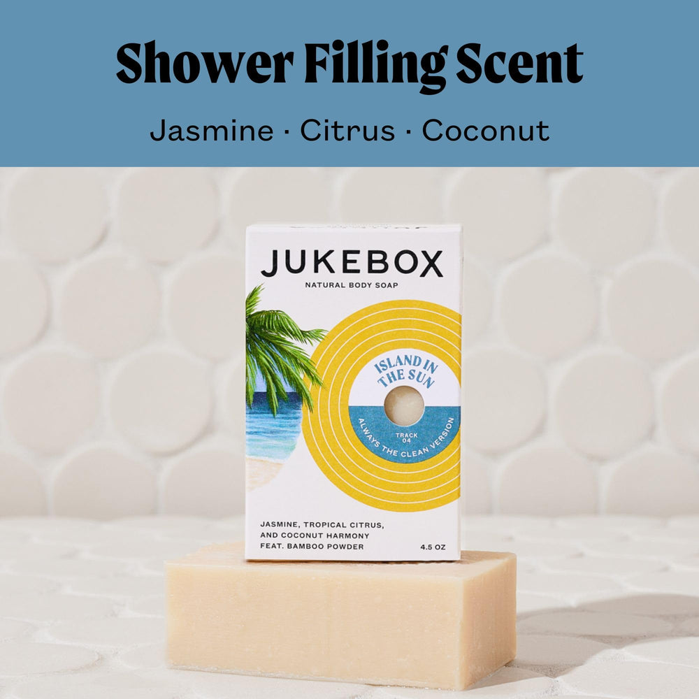 JUKEBOX Island in the Sun soap bar on shelf promotes refreshing bath-time ritual