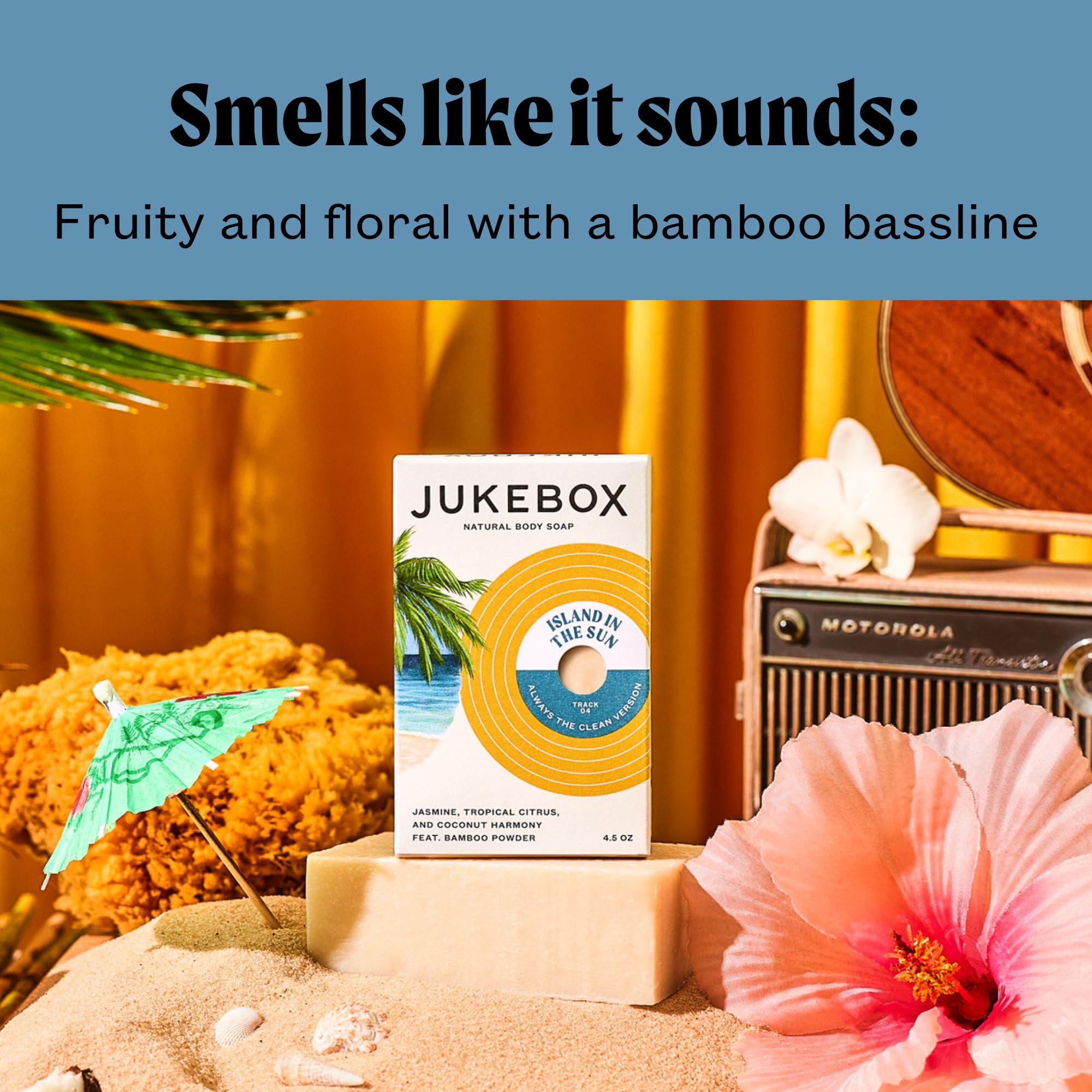 JUKEBOX Island in the Sun soap bar with lather demonstrates gentle cleanse