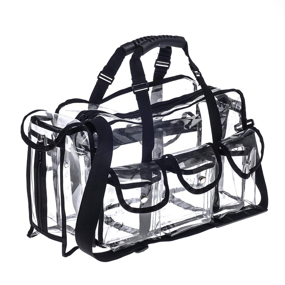 Jula Vance clear PVC makeup kits organizer front view for quick access on set.