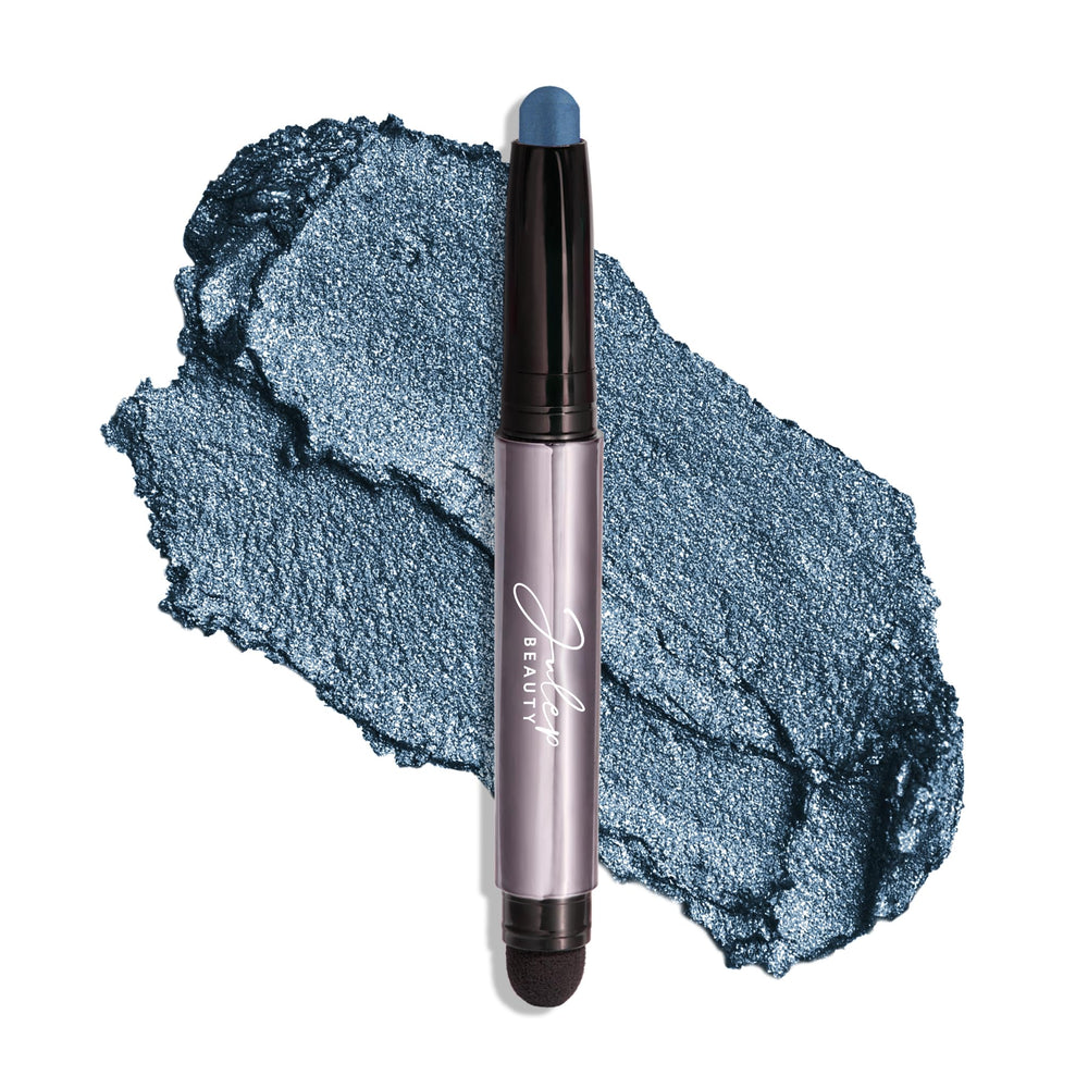 Julep Eyeshadow 101 Sapphire Shimmer compact close-up shows jewel-toned blue shimmer for bold looks.