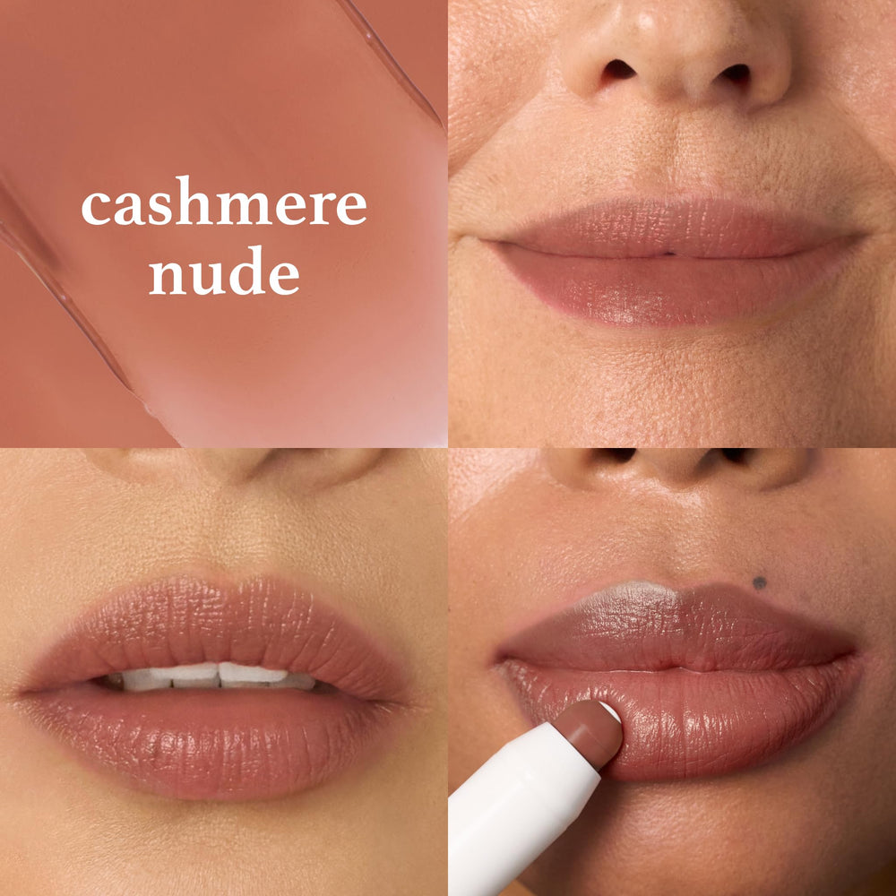 Julep It's Balm Tint Trio Cashmere Nude swatches for everyday glossy nude look.