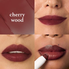 Julep It's Balm Tint Trio Cherry Wood swatches reveal warm, hydrated color with shine.
