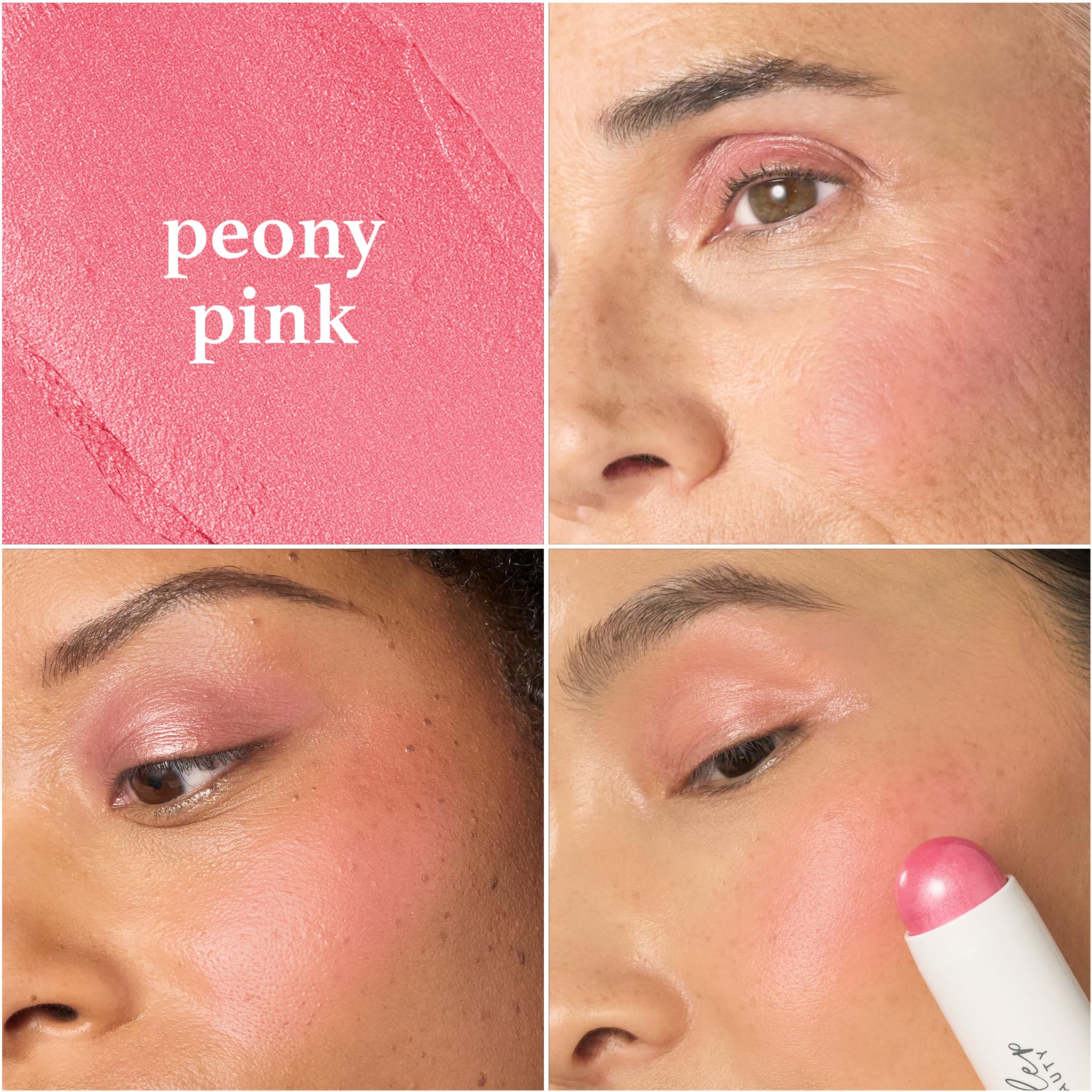 Julep Skip The Brush Blush Stick Peony Pink applied on lips for coordinated color.