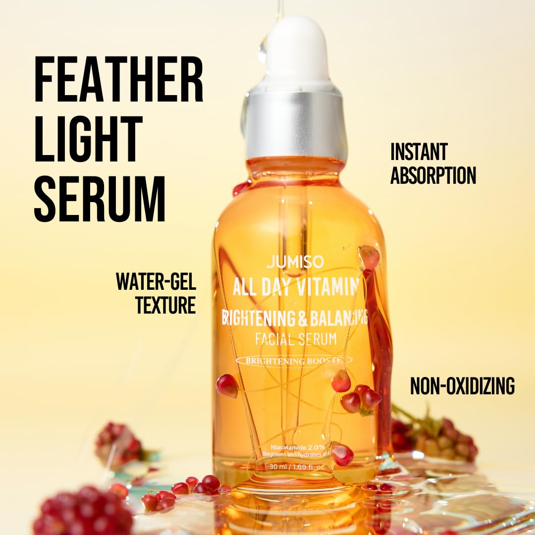 JUMISO All Day Vitamin Serum before-and-after glow shot hints at brighter-looking skin.