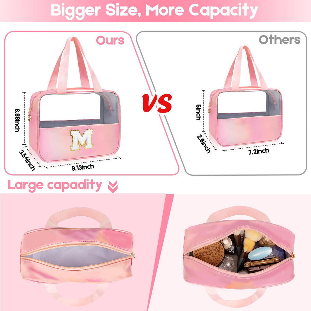Junesters pink clear bag close-up highlights personalized, stylish chenille patch detail.