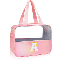 Junesters initial clear makeup bag pink exterior with visible cosmetics for quick organization.