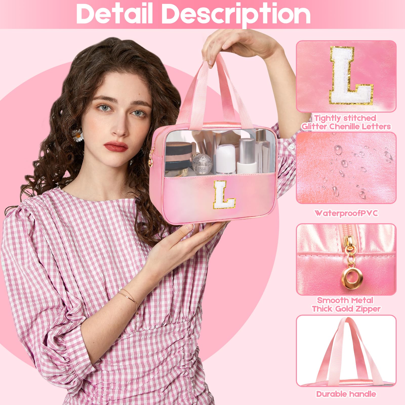 Junesters pink clear makeup bag waterproof PU leather withstands daily travel wear.