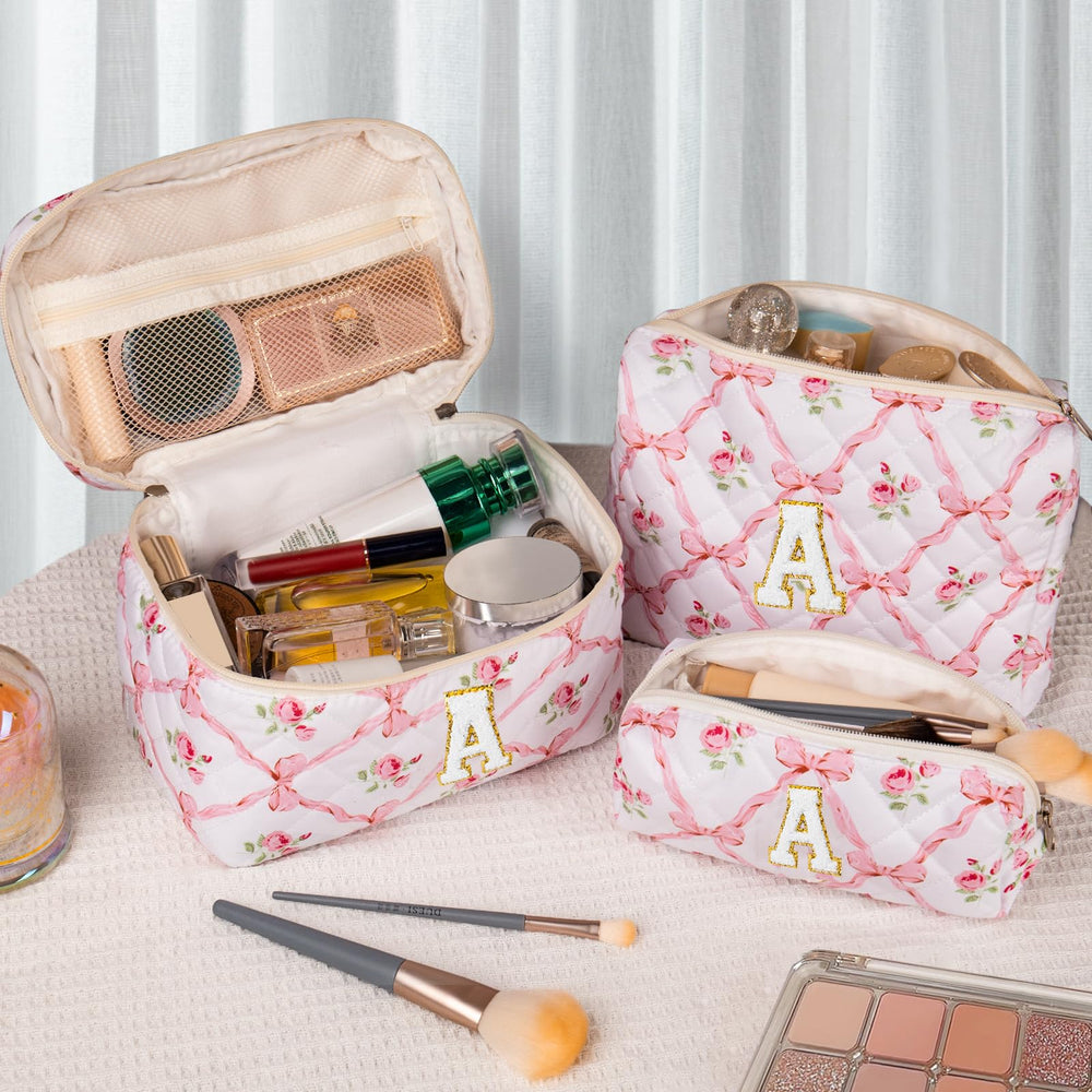 Junesters makeup bag with chenille initial patch for personalized identification