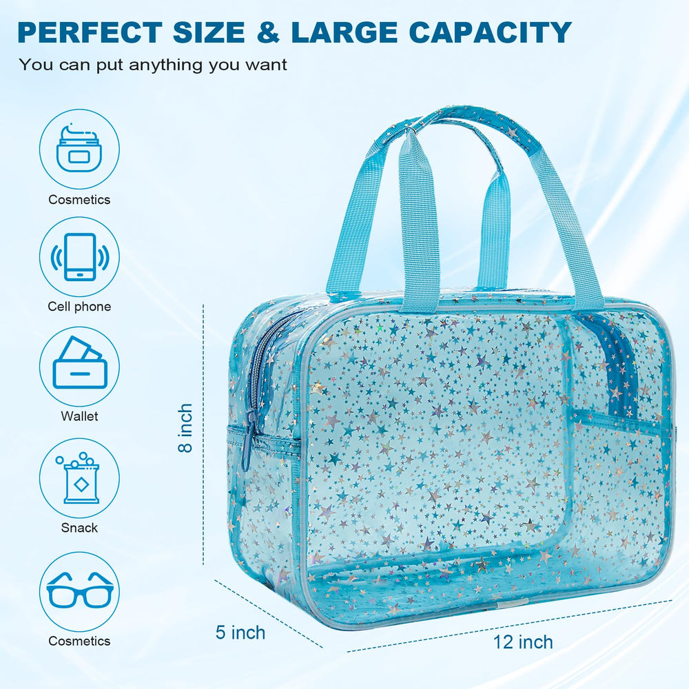 Junesters star-patterned clear bag highlighting zipper opening for quick access to cosmetics.