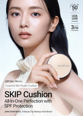 Jung Saem Mool Essential Skin Nuder Cushion puff application demonstrates easy light-to-build coverage.