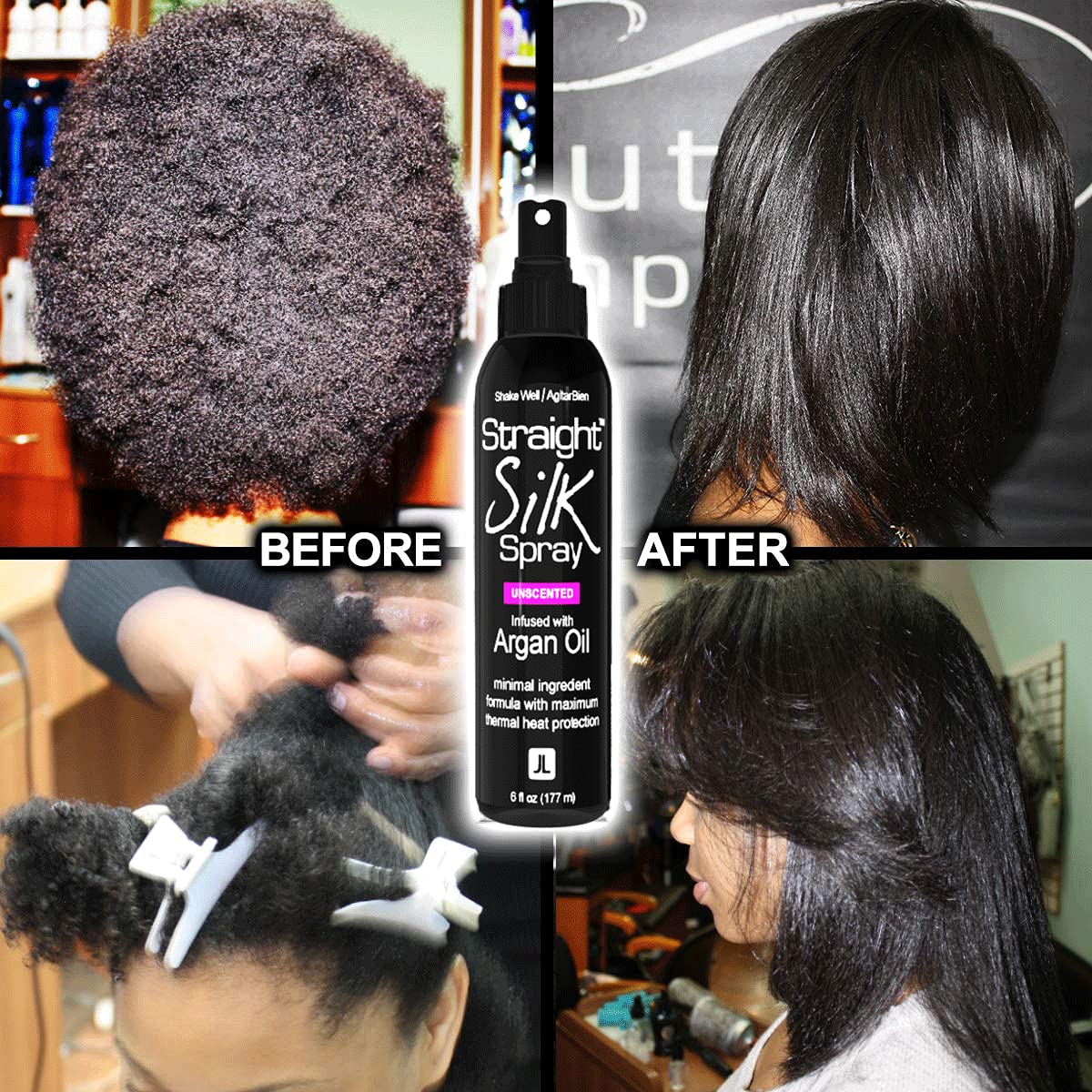 JuniorLabs Straight Silk Spray blow-dry scene demonstrates frizz control and lightweight conditioning.