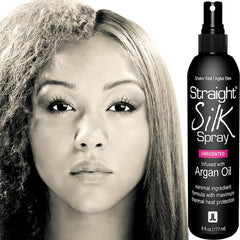 JuniorLabs Straight Silk Spray bottle demonstrates heat protection and detangling for sleek, straight hair.