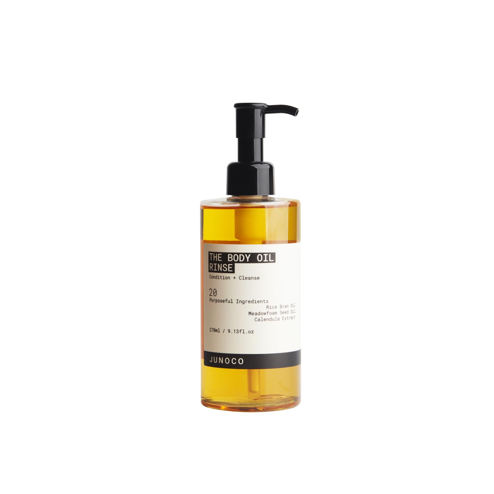 JUNO & Co. Body Oil Rinse front bottle highlights hydrating shower oil for all skin types