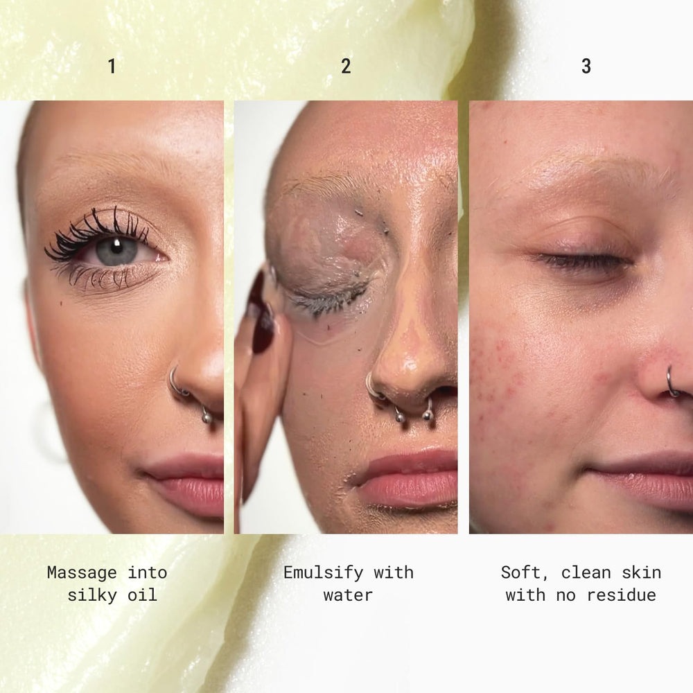 JUNO & Co. JADE Clean10 balm-emulsify-water shows rinse-off action after makeup