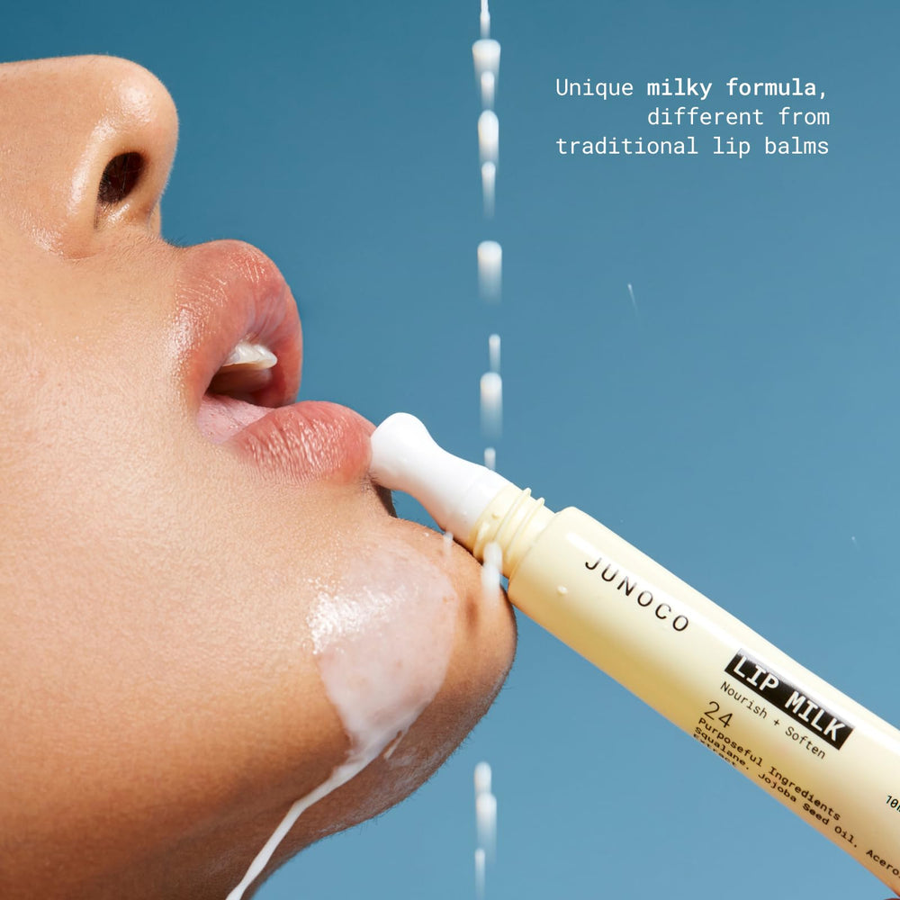 JUNO & Co. Lip Milk-jojoba-beads-release shows nourishing beads melting into lips.