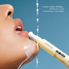 JUNO & Co. Lip Milk-jojoba-beads-release shows nourishing beads melting into lips.