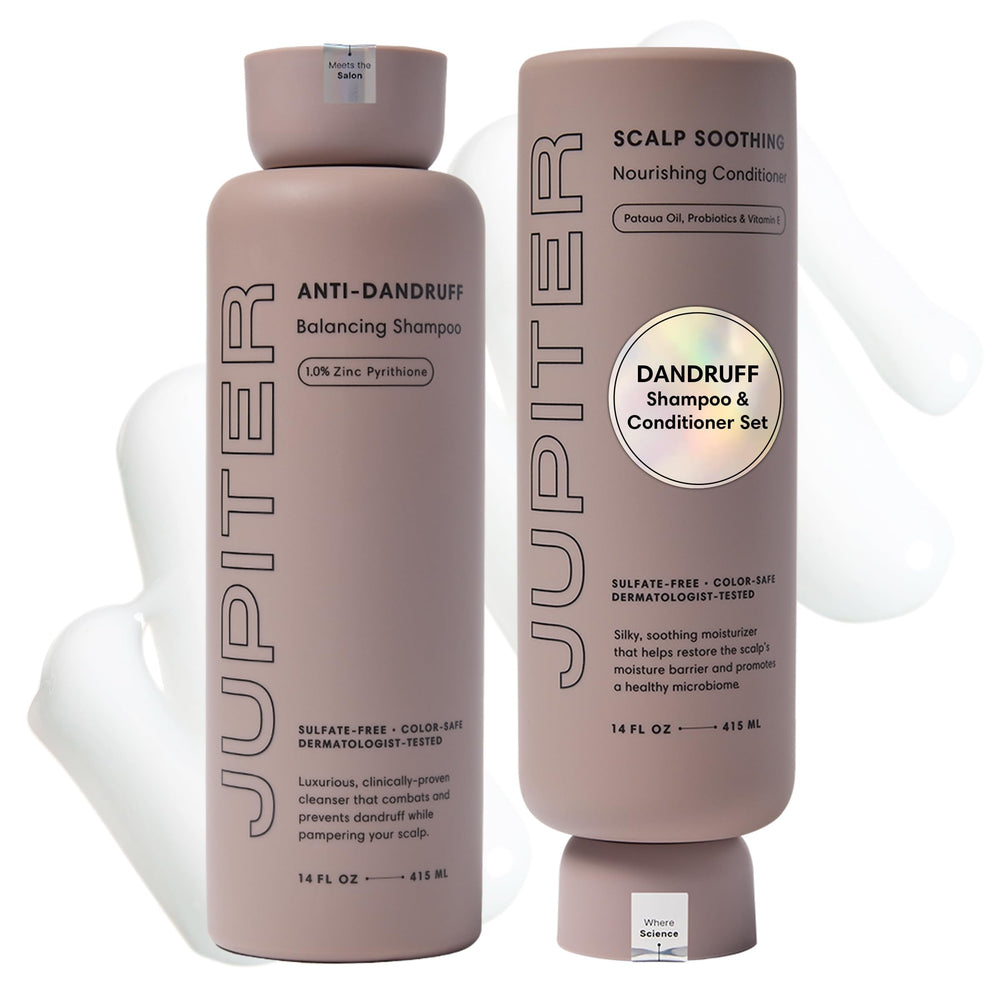 Jupiter Balancing Shampoo bottle pour demonstrates gentle cleansing for scalp comfort.