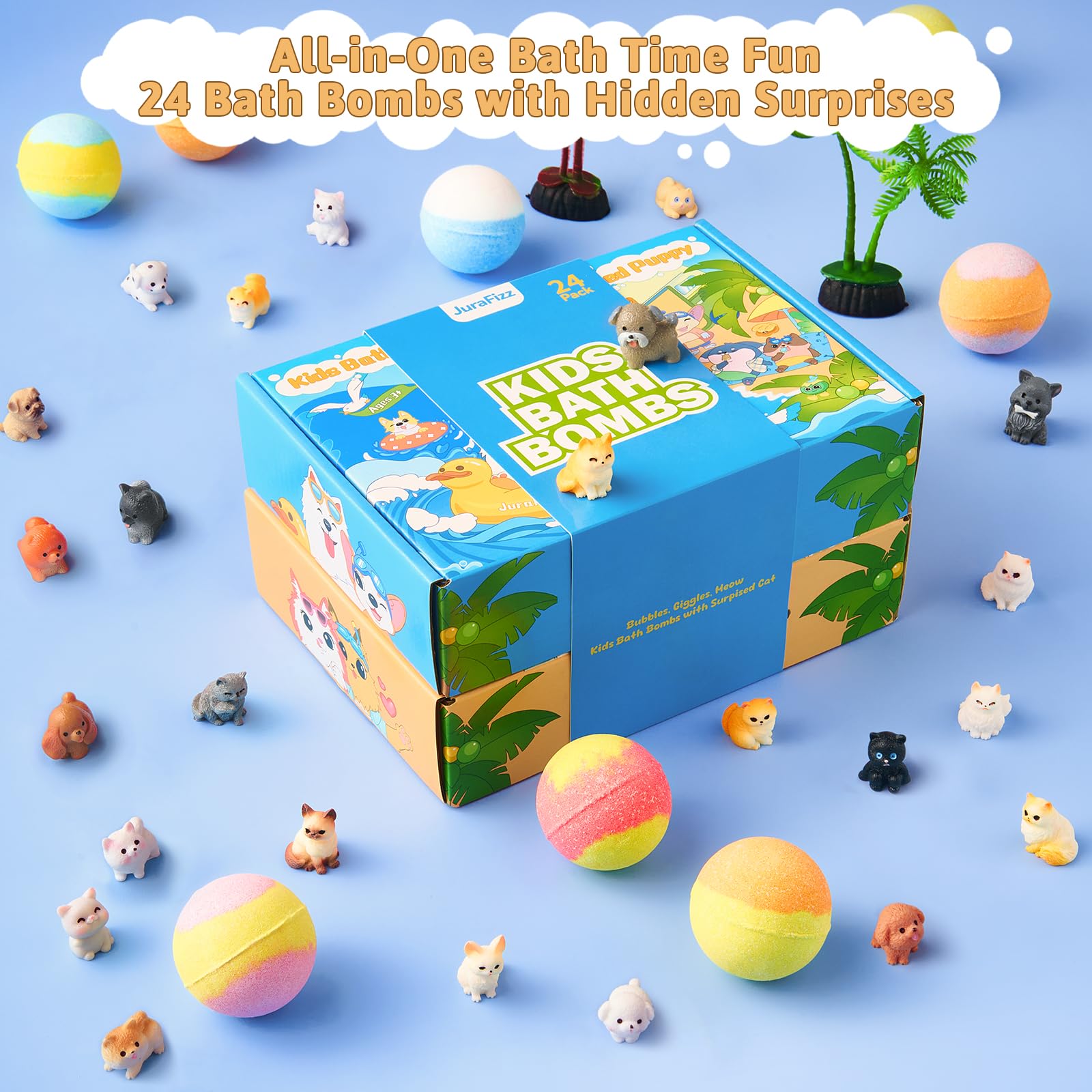 JuraFizz bath bombs enhance bath time with color, scent, and surprise toys.