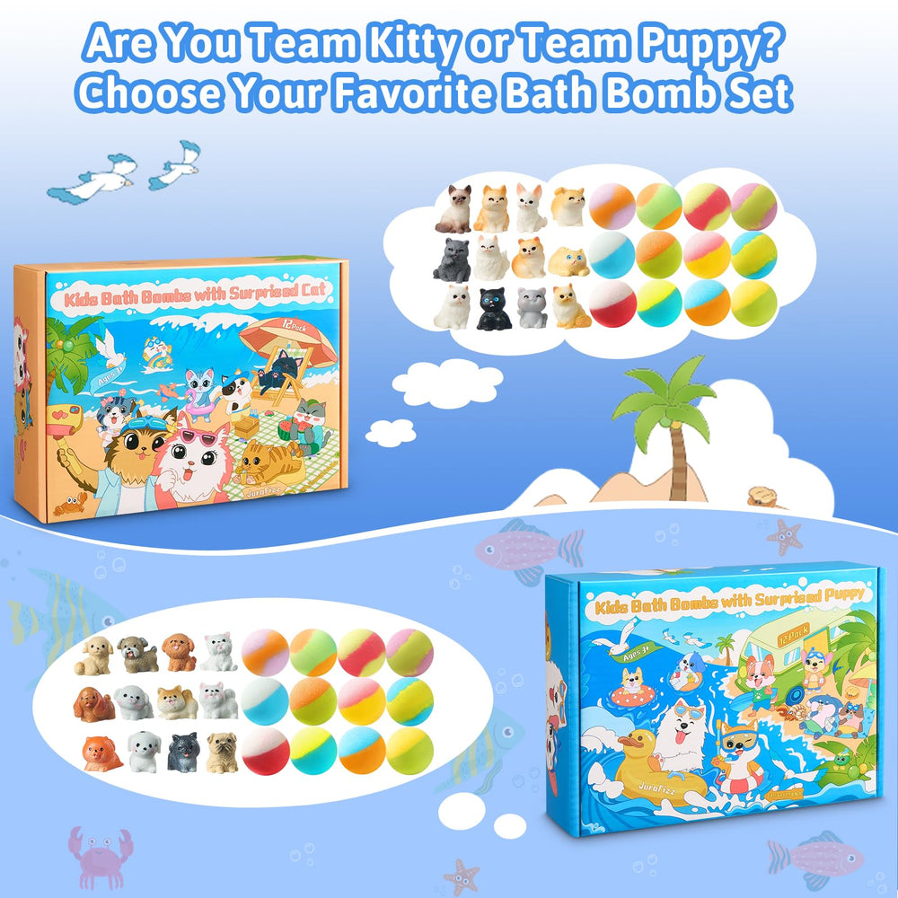 JuraFizz bath bombs reveal cat toy surprises, keeping kids entertained at tub time.