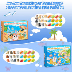 JuraFizz bath bombs reveal cat toy surprises, keeping kids entertained at tub time.
