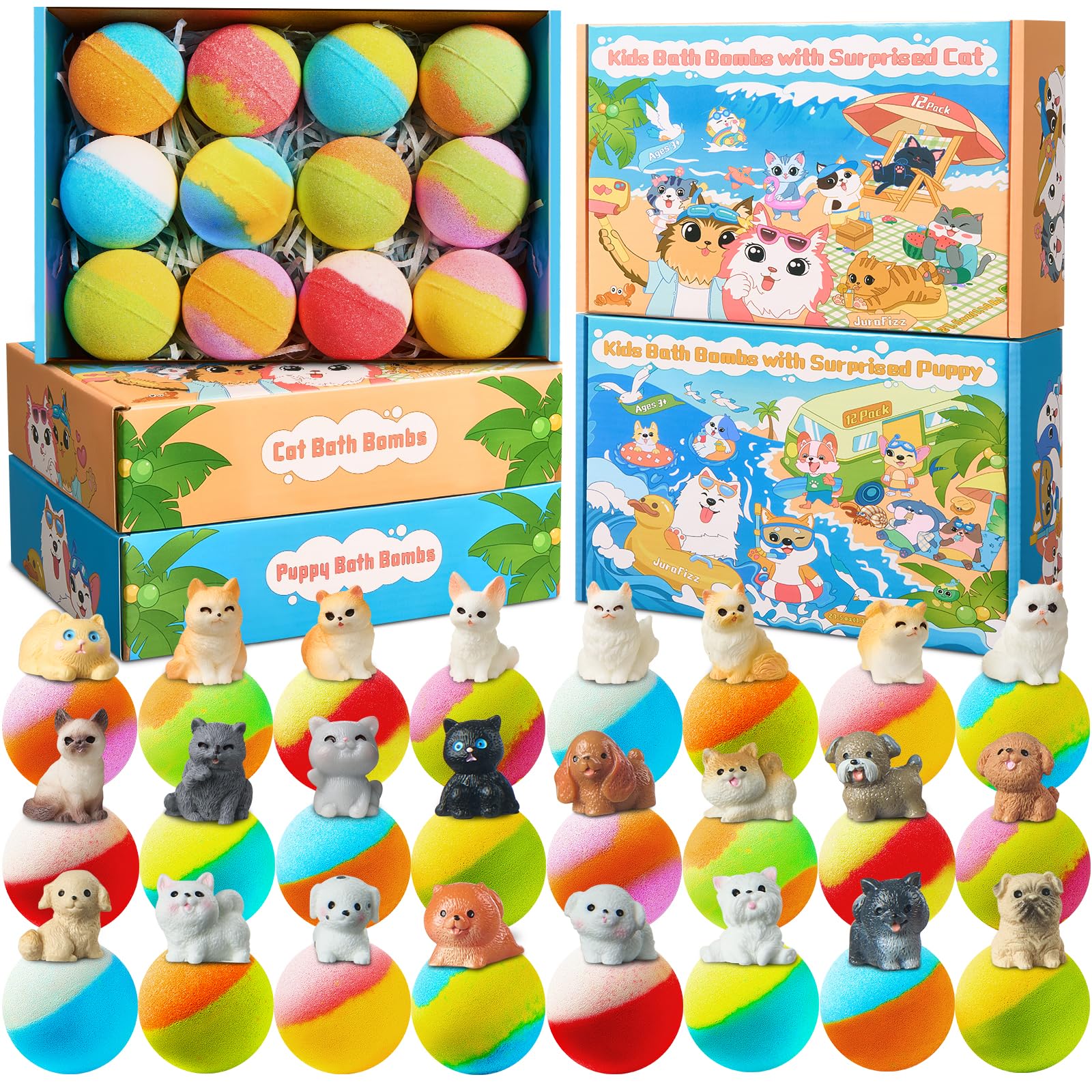 JuraFizz bath bombs reveal puppy toy surprises during bath time fun.