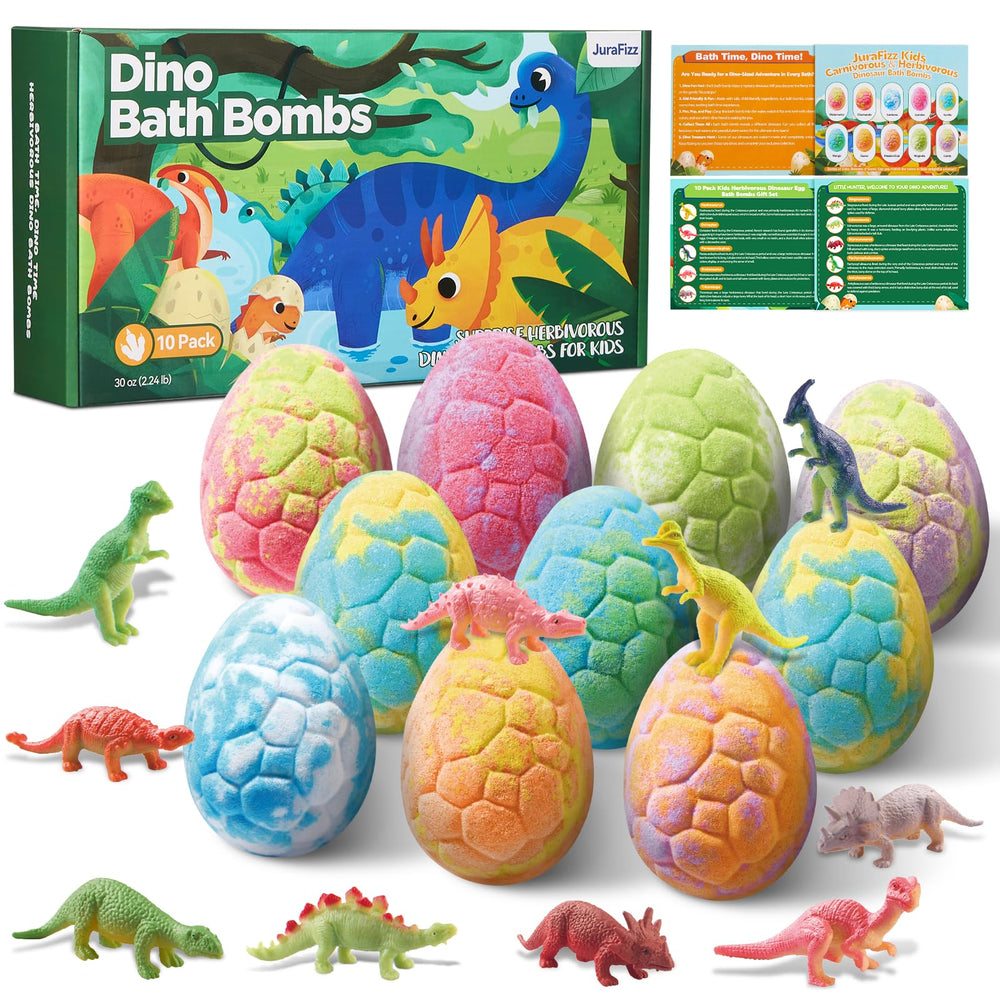 JuraFizz dinosaur bath bombs pack with vibrant colors for playful bath time