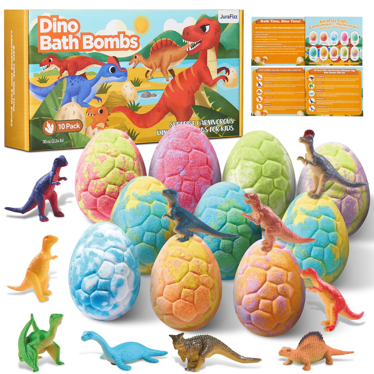 JuraFizz dinosaur bath bombs pack showing vibrant colors for bath time fun