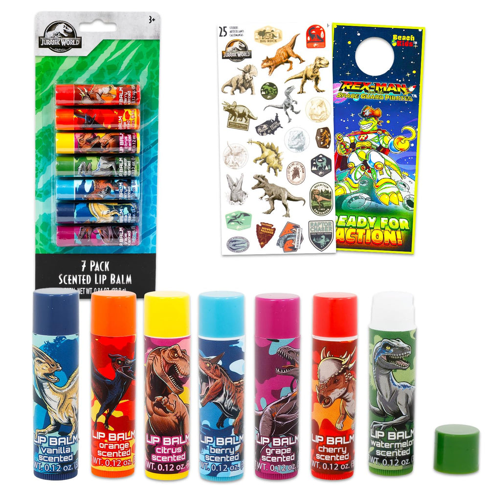 Jurassic World lip balm tubes in assorted flavors for kids' smiles and party favors.