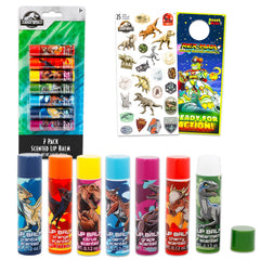 Jurassic World lip balm tubes in assorted flavors for kids' smiles and party favors.