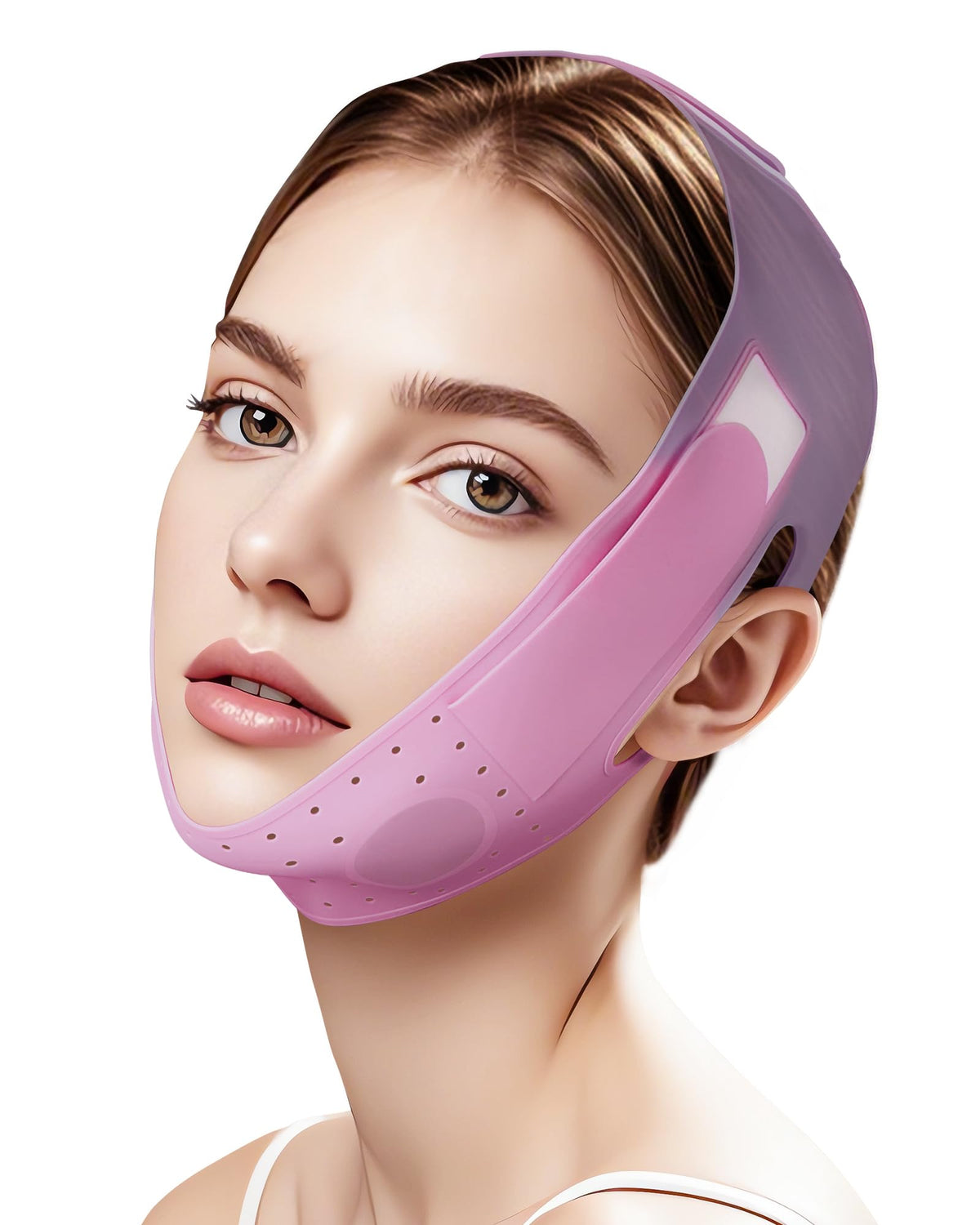 JUSMORE V-Line sculpting mask close-up showing jawline lift for a defined profile