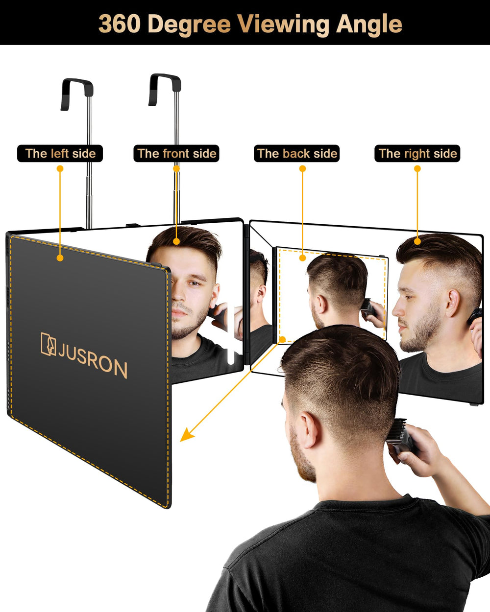 JUSRON 360° viewing angle mirror side view highlights full head angles for precise styling