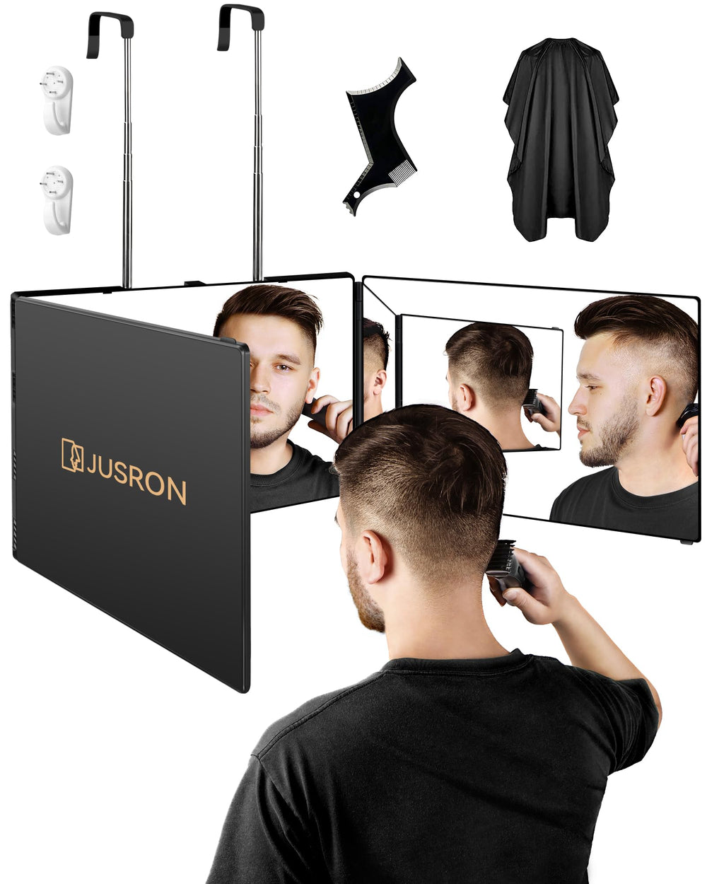 JUSRON 360-viewing-angle mirror showing all-head angles for precise styling.