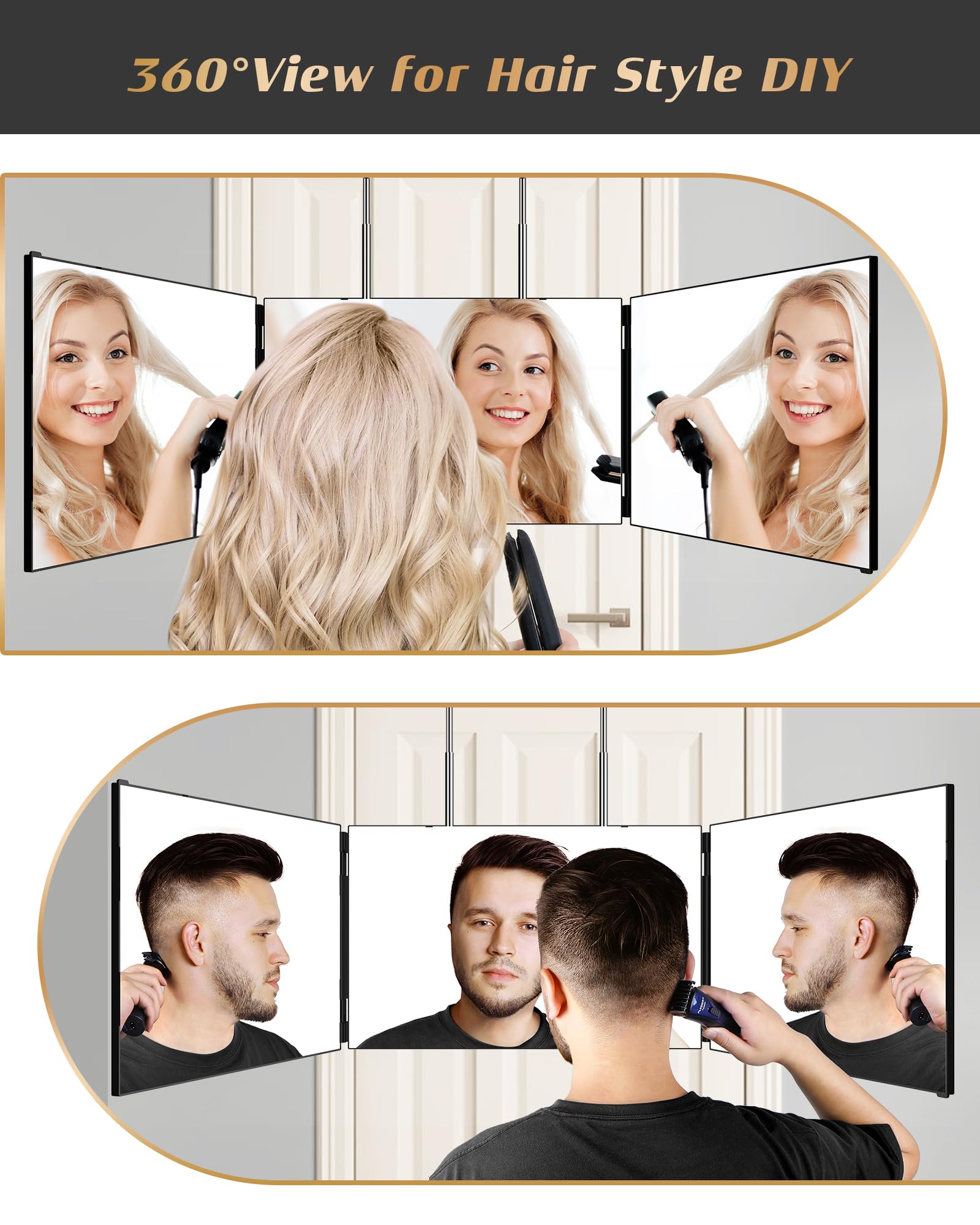 JUSRON height-adjustable mirror setup accommodates door, wall, or table use.