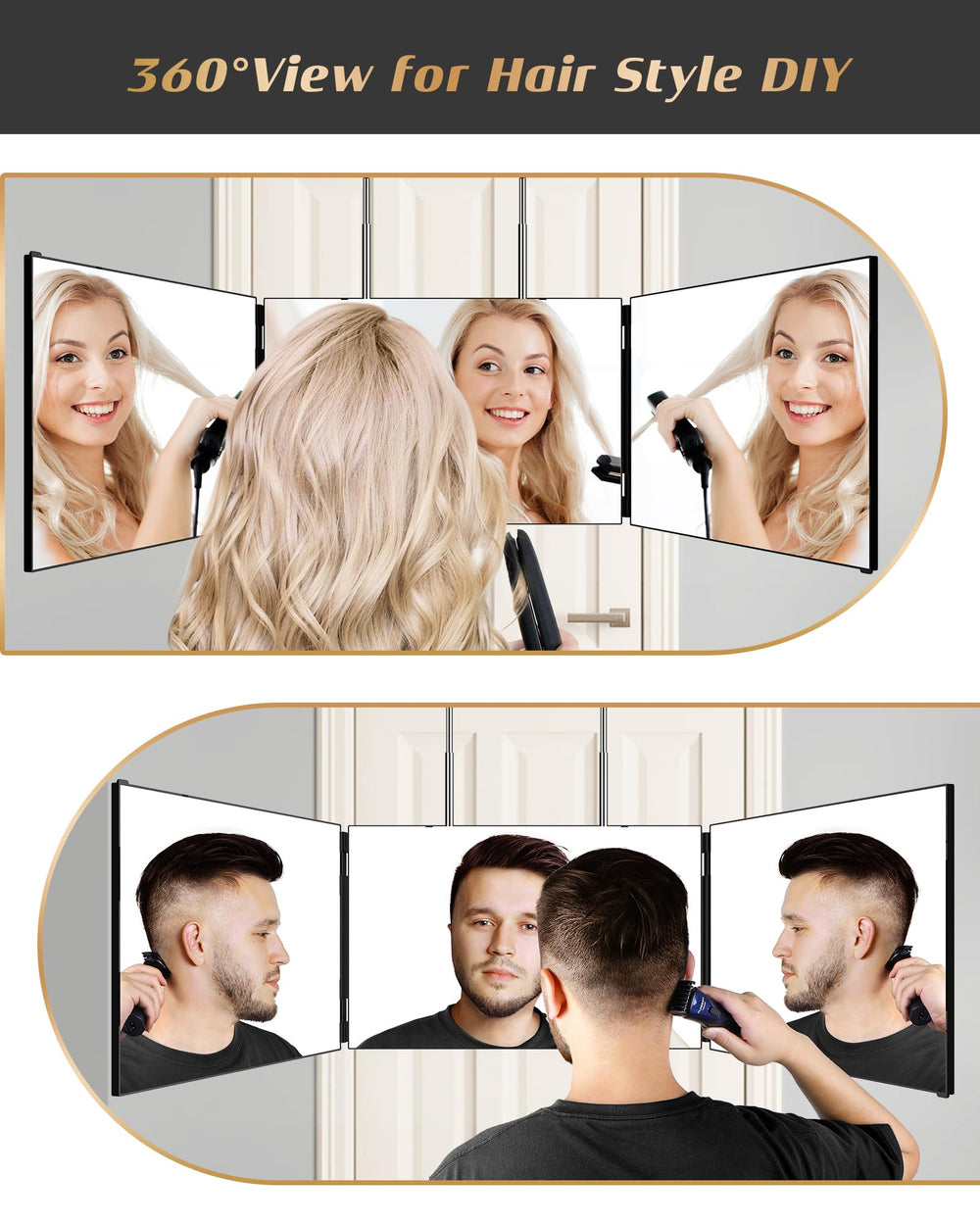JUSRON height-adjustable mirror setup accommodates door, wall, or table use.