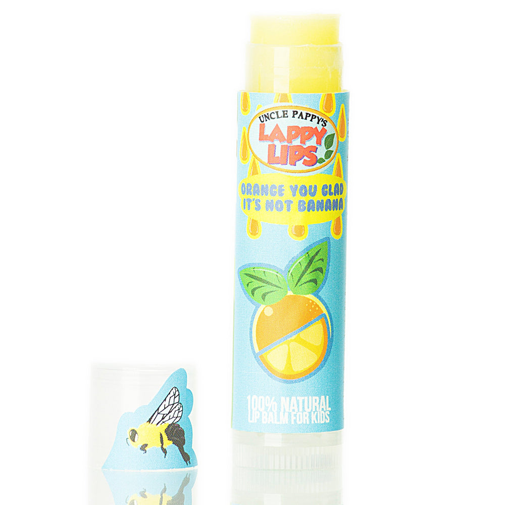 Just Bee Lappy Lips Strawberry Sunshine flavor close-up, vibrant color hinting at fruity flavor.
