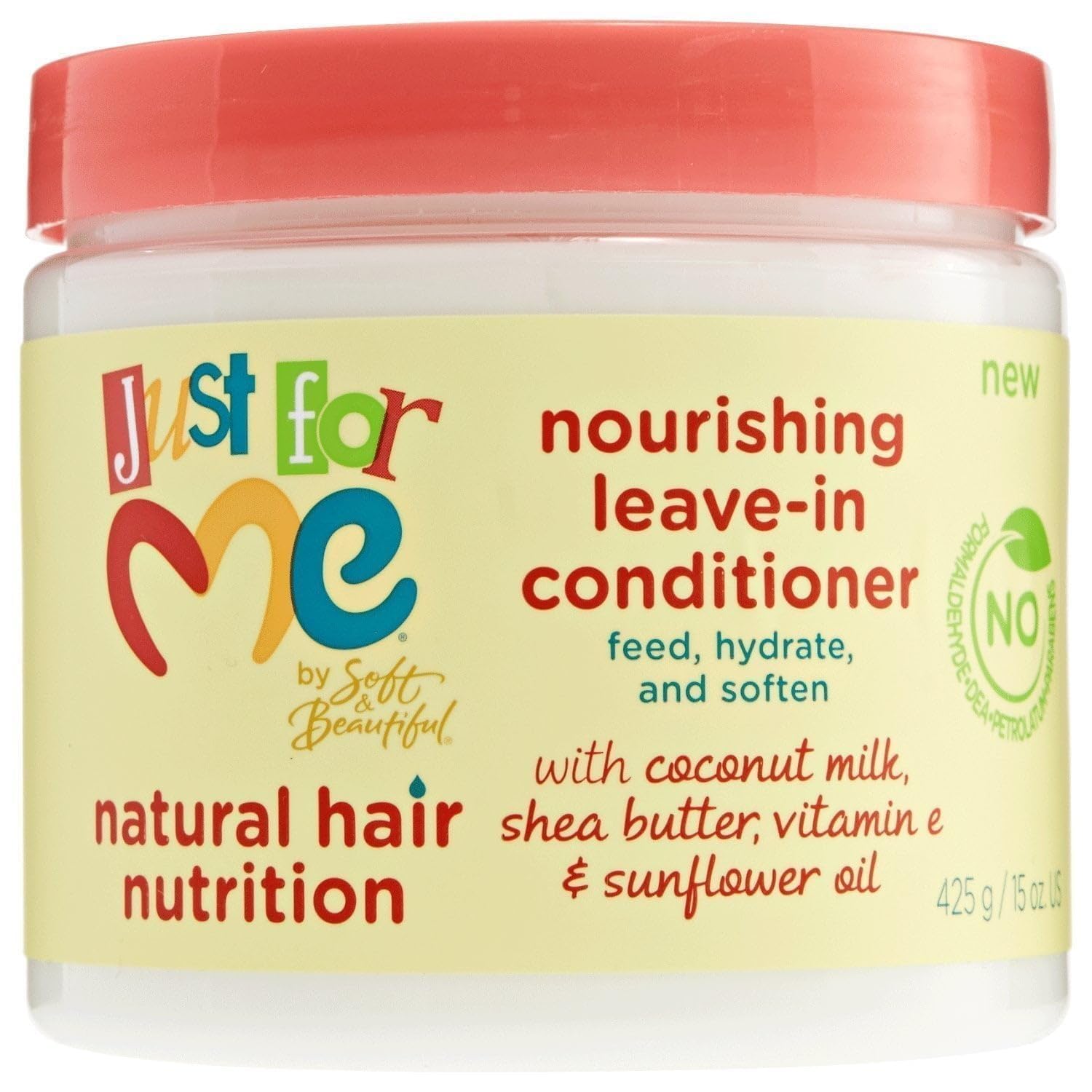 Just For Me Hair Nutrition Nourishing Leave-In Conditioner bottle highlights lightweight hydration for soft, manageable curls.