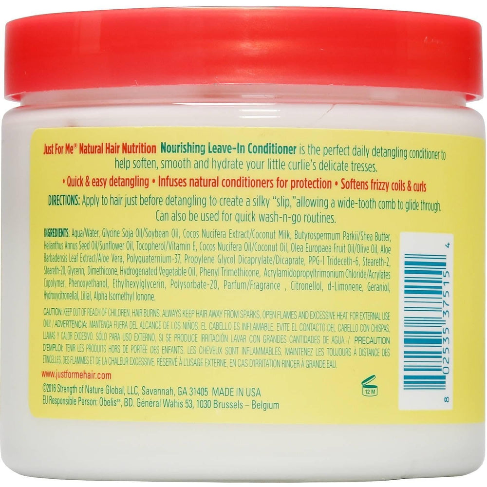 Just For Me Hair Nutrition Nourishing Leave-In Conditioner close-up showcases creamy texture supporting detangling and slip.