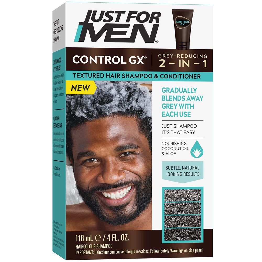 Just for Men Control GX bottle pour showing gradual grey reduction for textured hair.