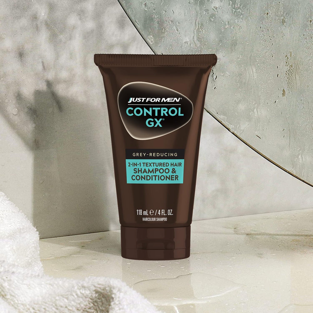 Just for Men Control GX grey reduction preview on hair in natural setting.