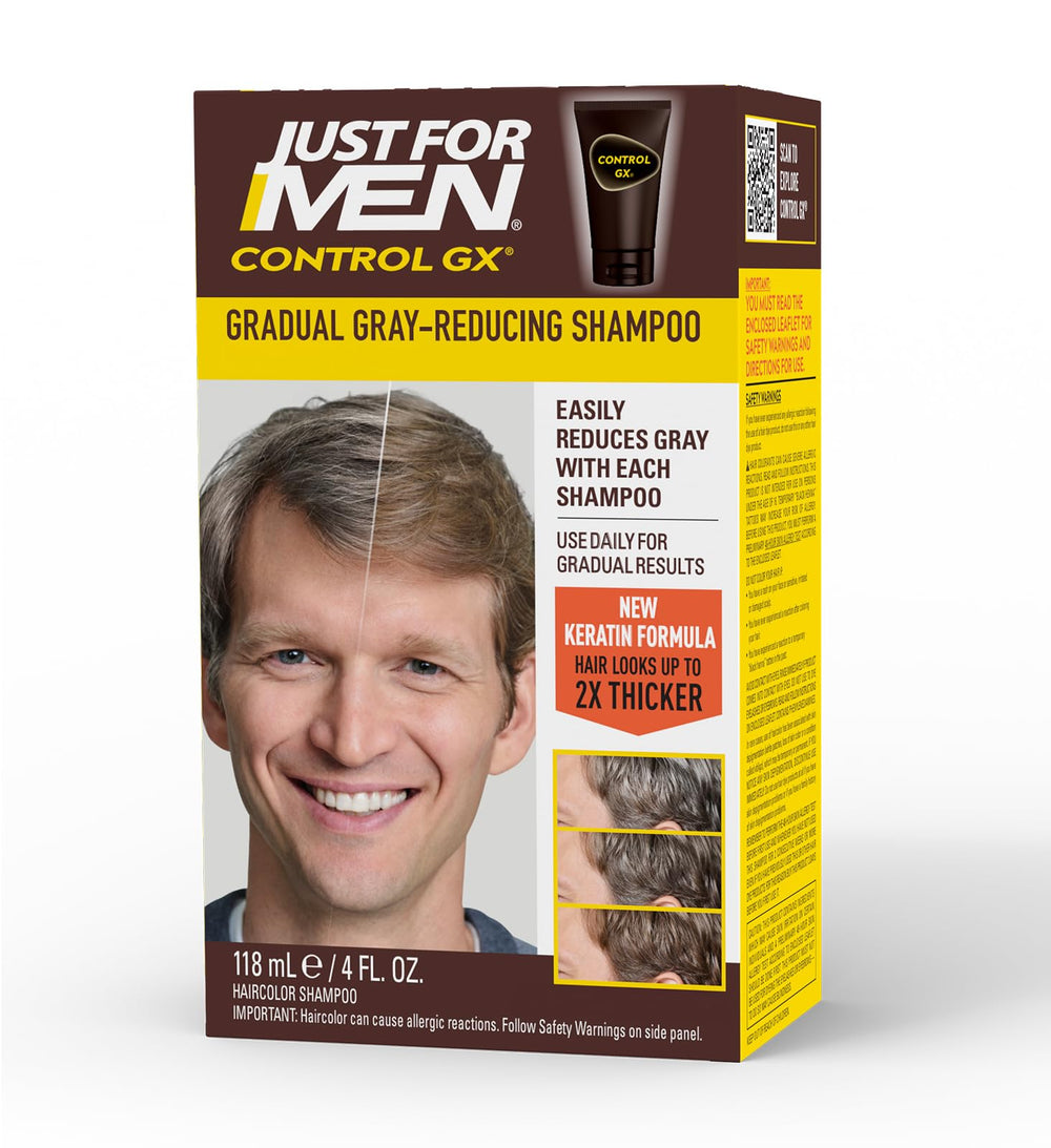 Just for Men Control GX shampoo bottle showing gradual grey reduction for lighter hair.