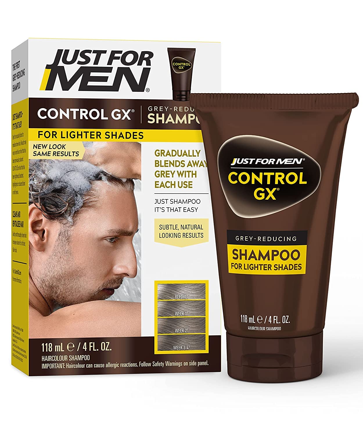Just for Men Control GX shampoo bottle highlights gradual grey reduction for daily care.