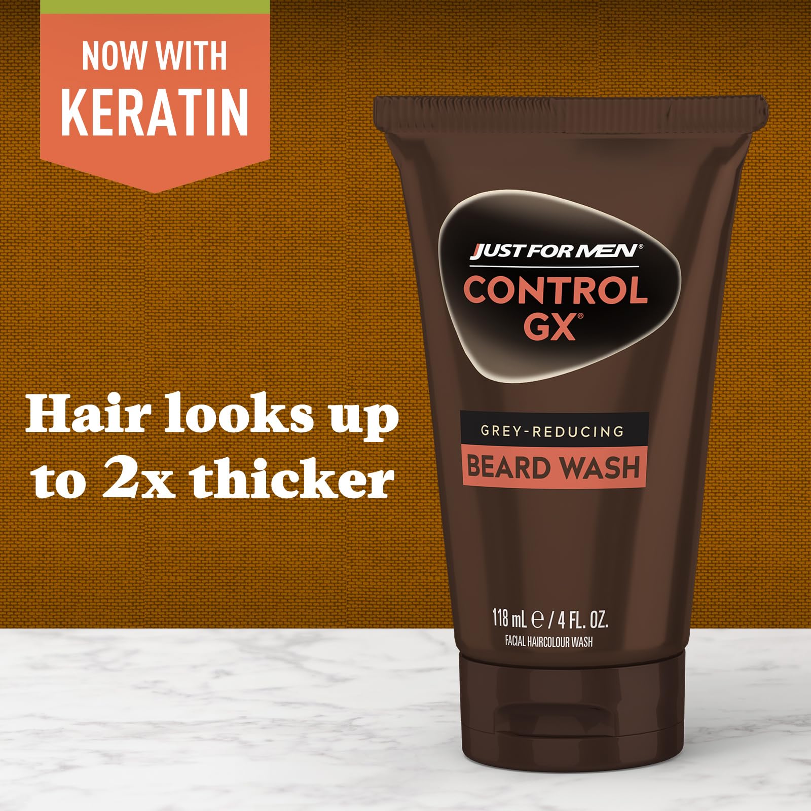 Just for Men Control GX bottle promotes thicker-looking beard through keratin formula.