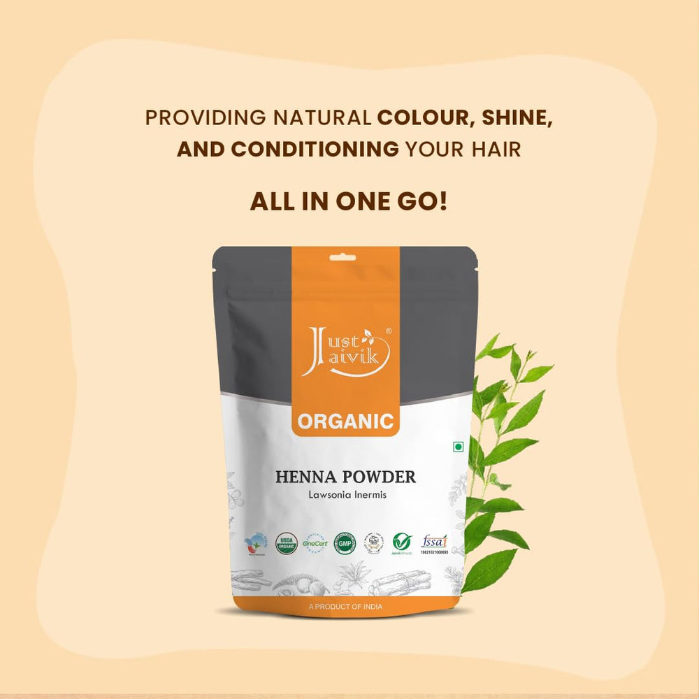 Just Jaivik Henna Powder on hair close-up highlights conditioning and smoothness.