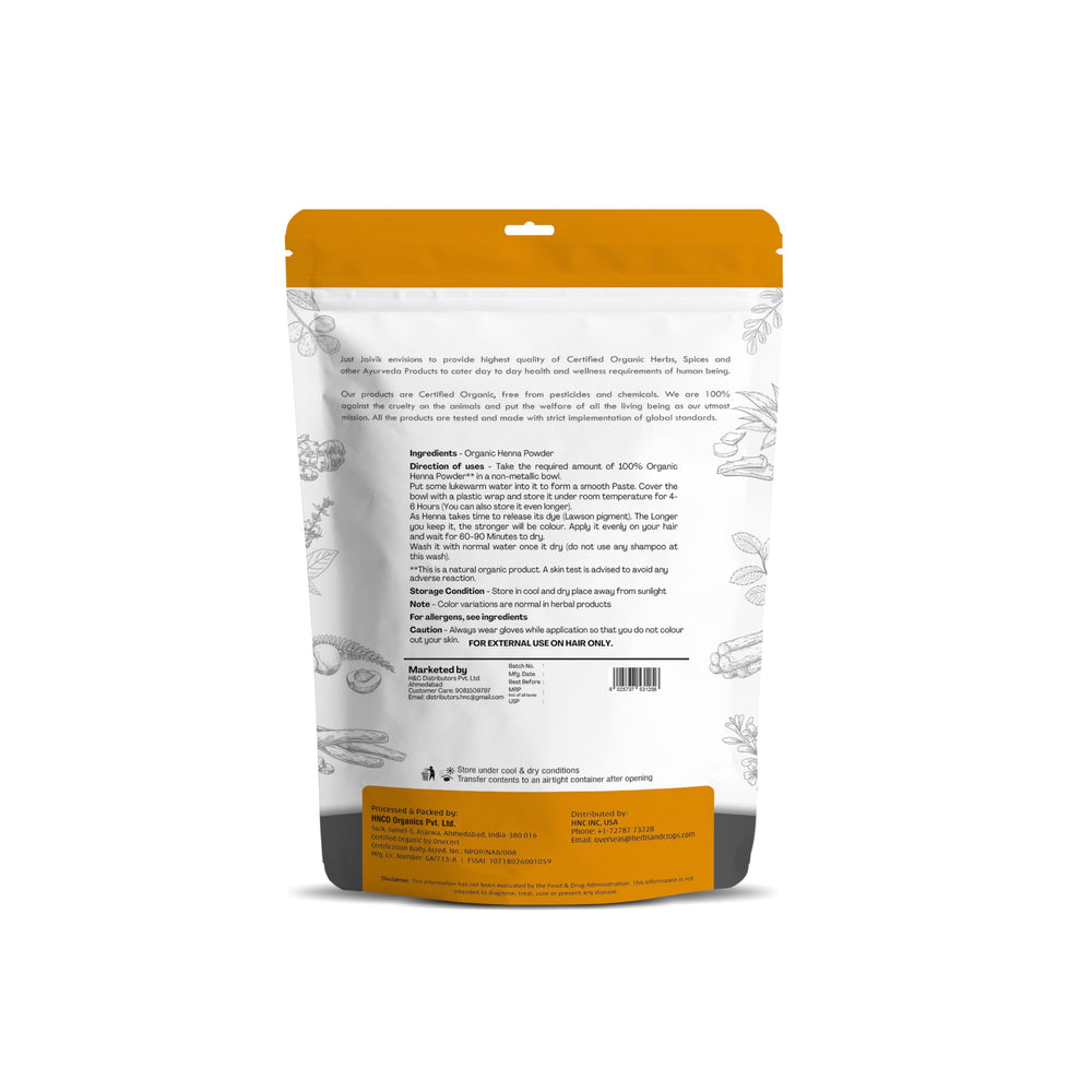 Just Jaivik Henna Powder close-up reveals fine texture ideal for smooth paste.