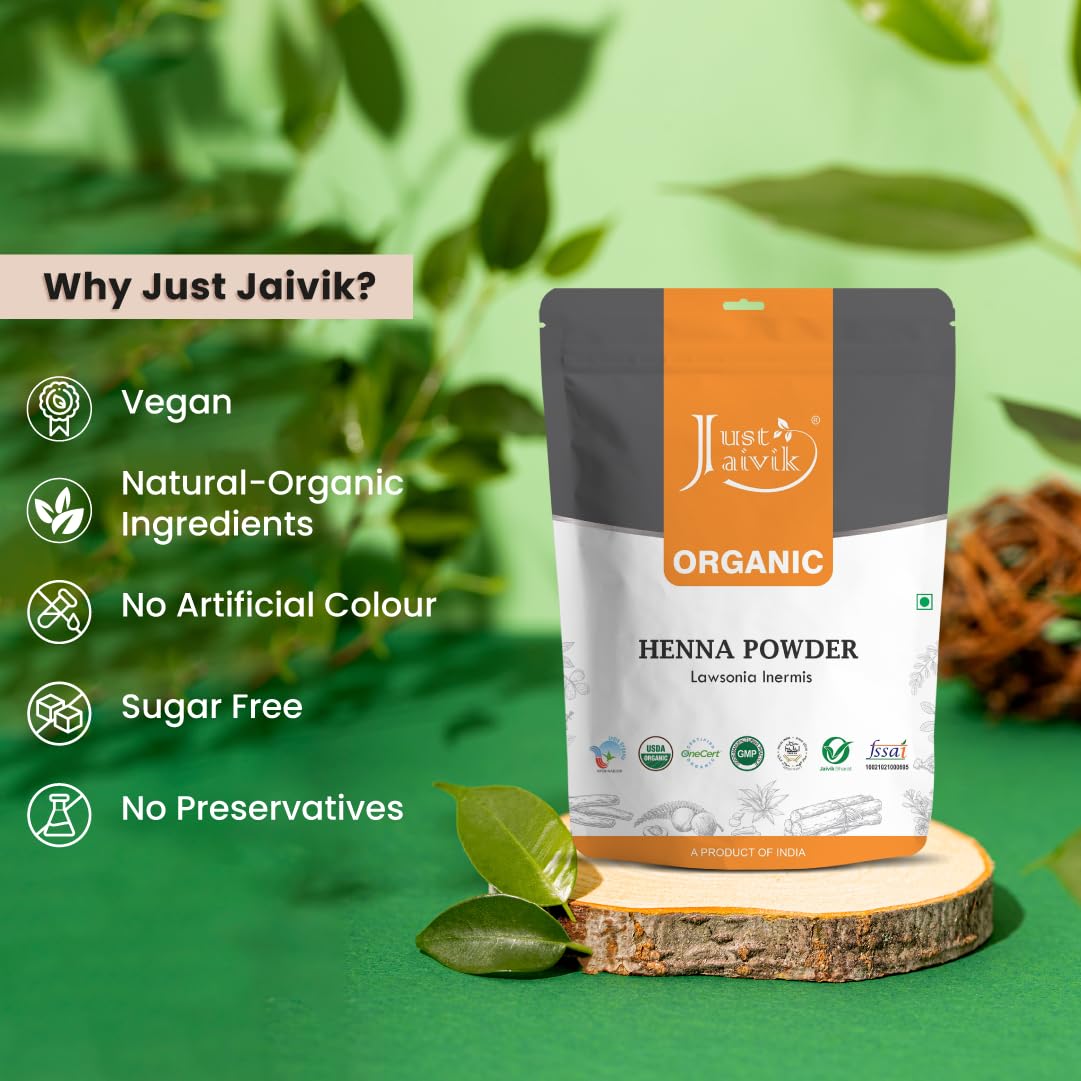 Just Jaivik Henna Powder scalp care visual suggests nourishing scalp balance.