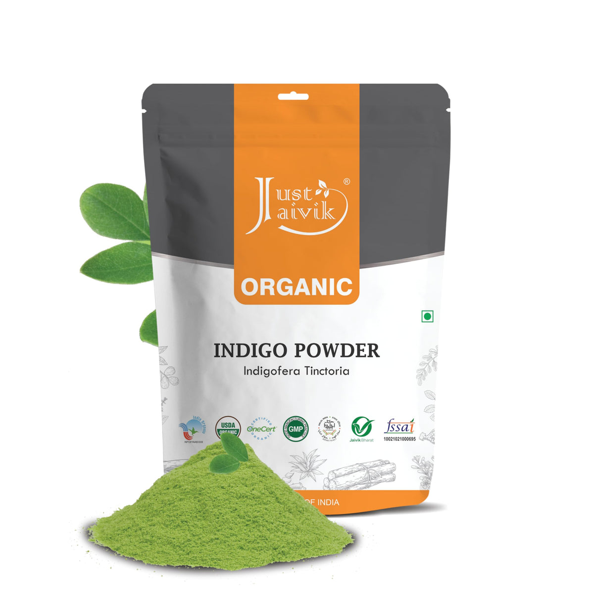 Just Jaivik Indigo powder packaging shows chemical-free natural hair color option.
