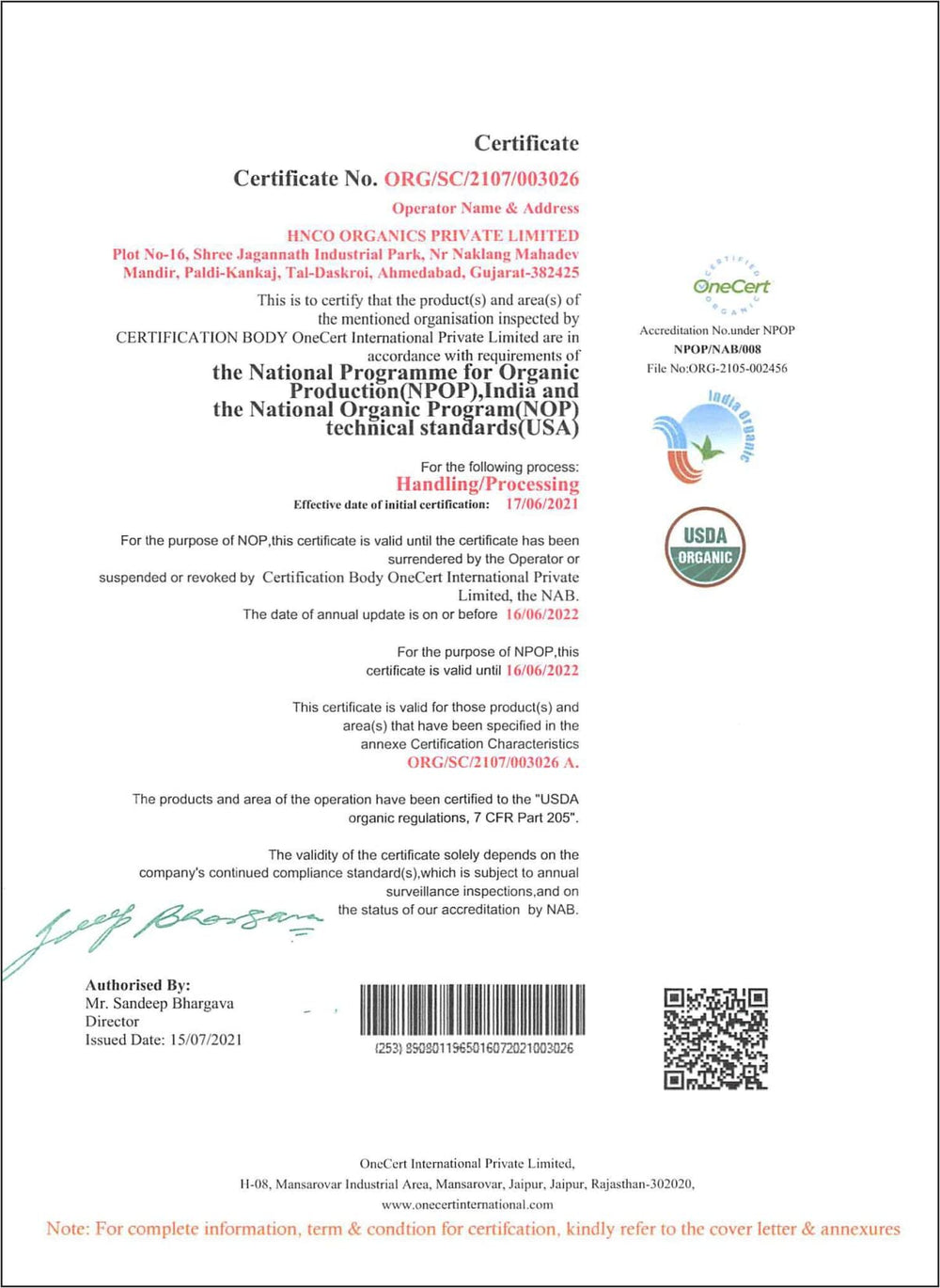 Just Jaivik OneCert organic badge confirms trusted organic certification.